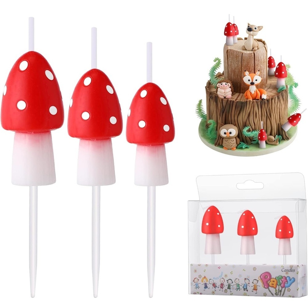 Bundle of 3 Pcs Mushroom Candles Mushroom Birthday Cake Topper